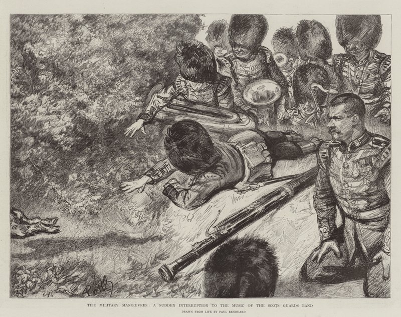 Katonai manőverek, hirtelen megszakítás a Scots Guards Band zenéjében alkotó: Charles Paul Renouard