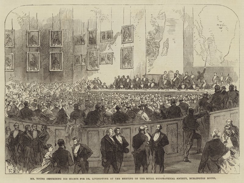 Young úr beszámolója Dr. Livingstone kereséséről a Királyi Földrajzi Társaság ülésén, Burlington House-ban. alkotó: Sir John Charles Robinson