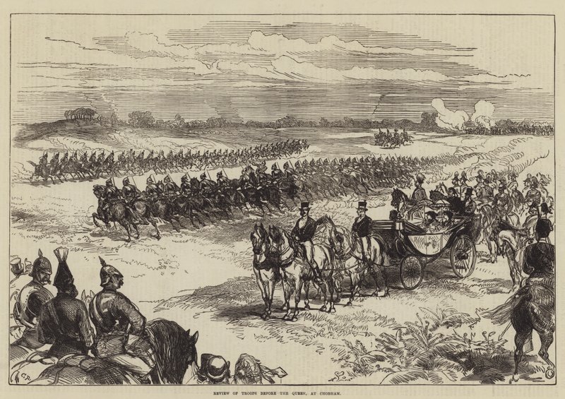 A királynő előtti csapatok áttekintése Chobhamban alkotó: Sir John Charles Robinson