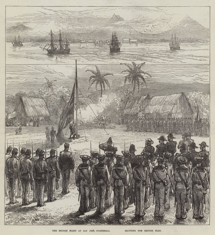 A brit flotta San Joséban, Guatemalában tiszteleg a brit zászló előtt alkotó: Sir John Charles Robinson