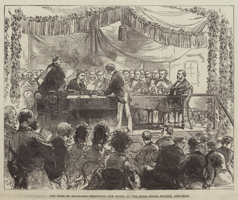 Edinburgh hercege átadja a díjakat a Royal Naval Schoolsban, New-Crossban alkotó: Sir John Charles Robinson