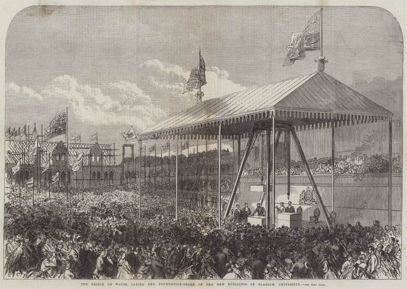 A walesi herceg lerakja a Glasgow Egyetem új épületeinek alapkövét alkotó: Sir John Charles Robinson
