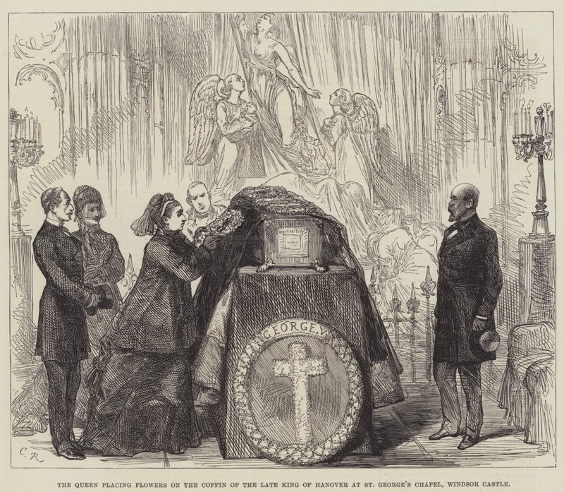 A királynő virágot helyez a néhai hannoveri király koporsójára a windsori kastély Szent György-kápolnájában alkotó: Sir John Charles Robinson