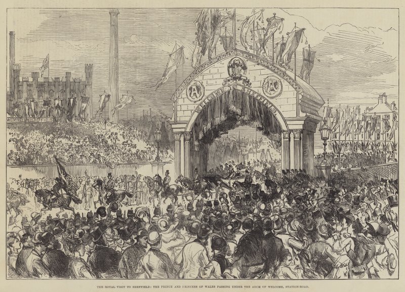 Királyi látogatás Sheffieldben, a walesi herceg és hercegnő az üdvözlőív alatt haladva, Station-Road alkotó: Sir John Charles Robinson