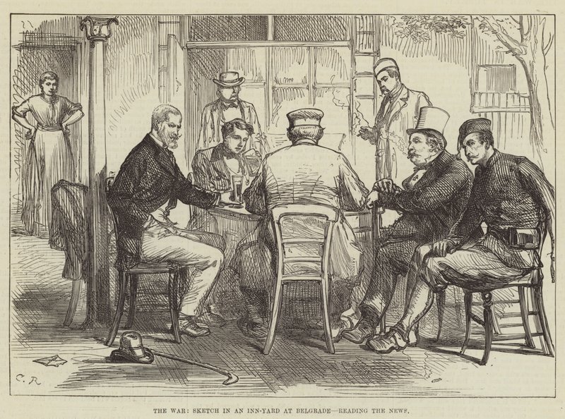 A háború, Vázlat egy fogadóudvaron Belgrádban, a Hírek olvasása közben alkotó: Sir John Charles Robinson