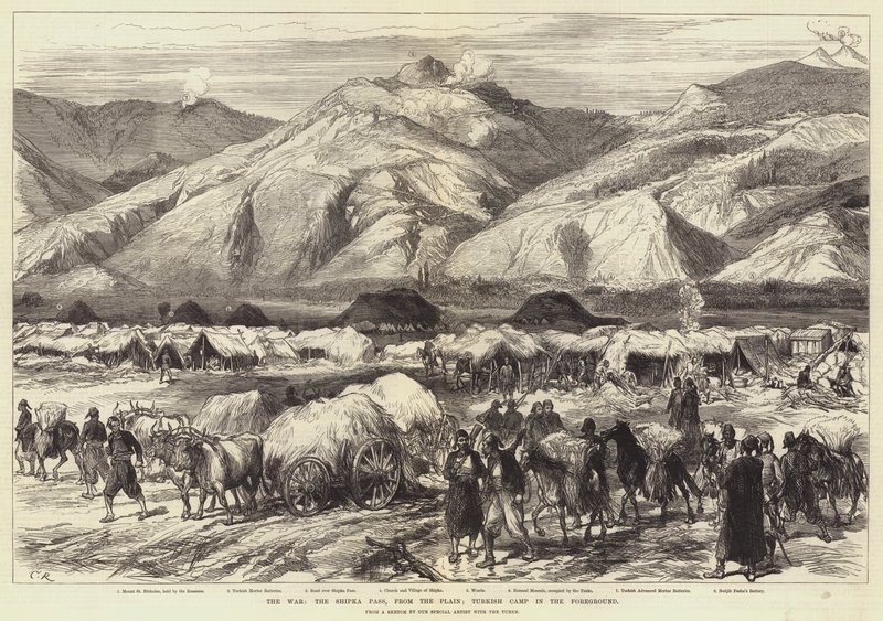 A háború, a Shipka-hágó, a síkságról; Török tábor az előtérben alkotó: Sir John Charles Robinson