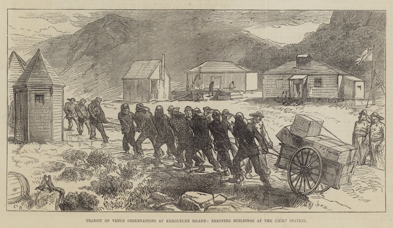 Vénusz-megfigyelések tranzitja a Kerguelen-szigeten, épületek felállítása a főállomáson alkotó: Sir John Charles Robinson