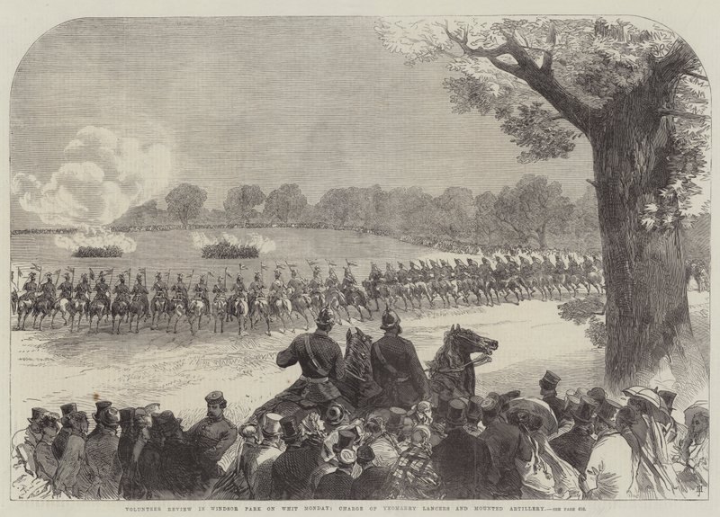 Önkéntes szemle a Windsor Parkban Pünkösd hétfőn, Yeomanry Lancers és lovas tüzérség vádja alkotó: Sir John Charles Robinson