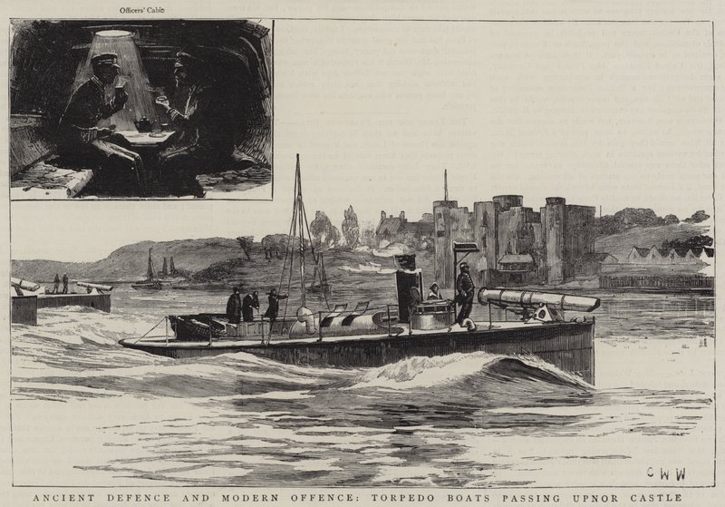 Ősi védelem és modern támadás, torpedócsónakok elhaladva Upnor vára mellett alkotó: Charles William Wyllie