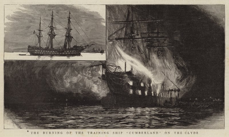 A Cumberland kiképzőhajó leégése a Clyde-on alkotó: Charles William Wyllie