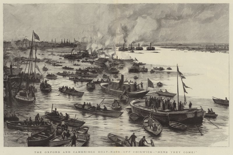 Az Oxford és Cambridge Boat-Race, Chiswick mellett, itt vannak! alkotó: Charles William Wyllie