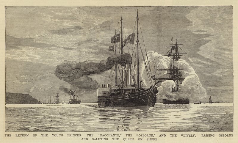 Az ifjú hercegek visszatérése, a Bacchante, az Osborne és az Élénk, elhaladva Osborne mellett és köszöntve a királynőt a parton alkotó: Charles William Wyllie