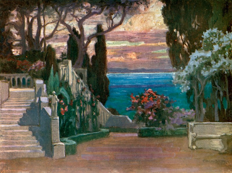 Tizenkettedik éjszaka: Olivia házának terasza, szerző: Joseph Harker (színes litó) alkotó: Charles A. Buchel