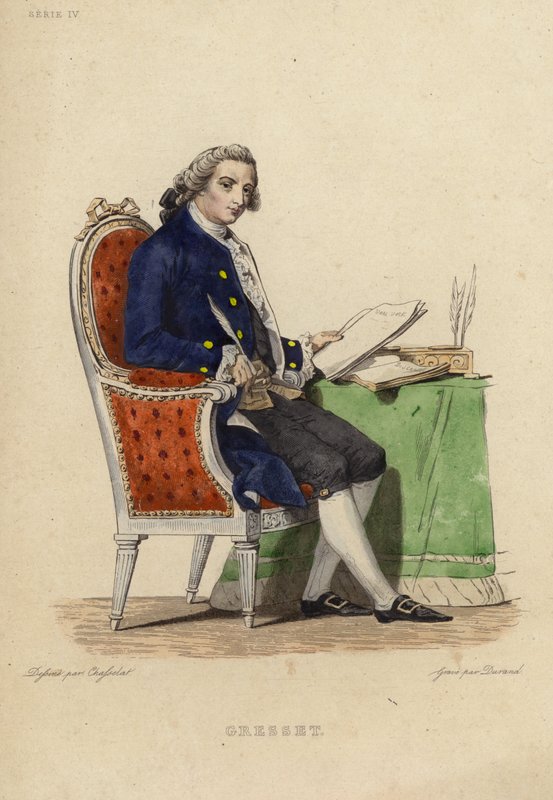 Jean Baptiste Gresset portréja (színes metszet) alkotó: Charles Abraham Chasselat