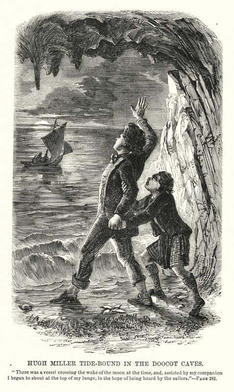 Hugh Miller árapályban a Doocot-barlangban (metszet) alkotó: Charles Altamont Doyle