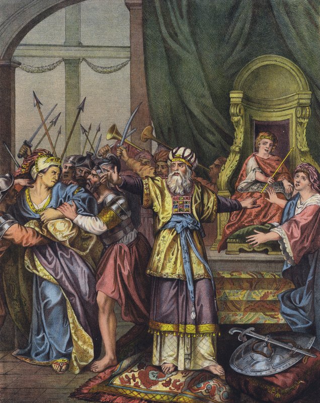 Júda Atalia királynőjét kiűzték a templomból, és Joás váltotta fel az uralkodóként (színes litho) alkotó: Charles Antoine (after) Coypel