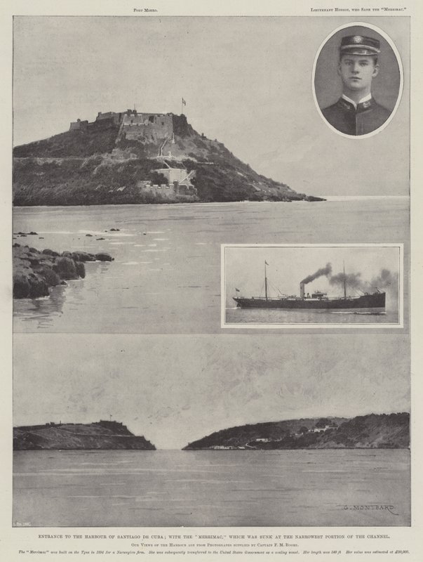 Santiago de Cuba kikötőjének bejárata; a Merrimac hajóval, amely a csatorna legszűkebb részénél süllyedt el. alkotó: Charles Auguste Loye