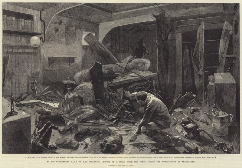 A HMS Alexandra parancsnoki kabinjában, egy lövedék hatása az erődökből, Alexandria bombázása során alkotó: Charles Auguste Loye