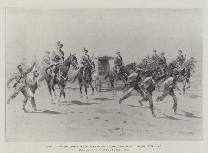 A CIV a fronton, a Mounted Escort Cronjébe érkezik a Modder River táborba alkotó: Charles Auguste Loye
