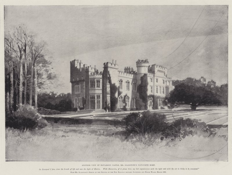 William Ewart Gladstone élete, egy másik kilátás a Hawarden kastélyra, Mr Gladstone kedvenc otthonára alkotó: Charles Auguste Loye