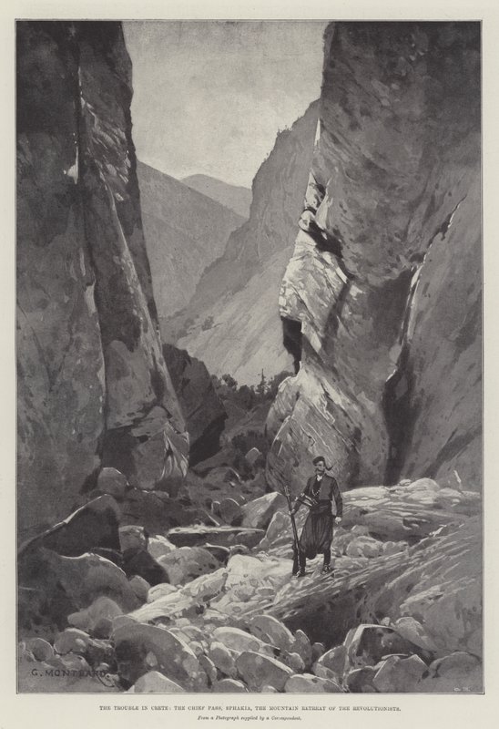 A krétai baj, a főhágó, Sphakia, a forradalmárok hegyi visszavonulása alkotó: Charles Auguste Loye
