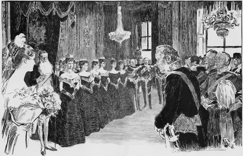 Egy debütáns első pillantása a Royal-ba, egy jelenet a királynő szalonjában alkotó: Charles Dana Gibson