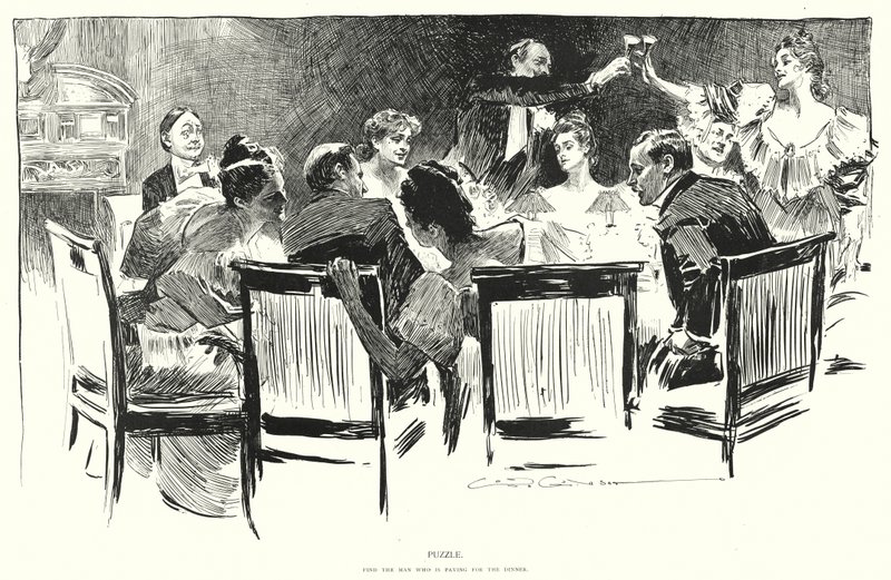 Rejtvény, találd meg azt az embert, aki fizet a vacsoráért (litho) alkotó: Charles Dana Gibson