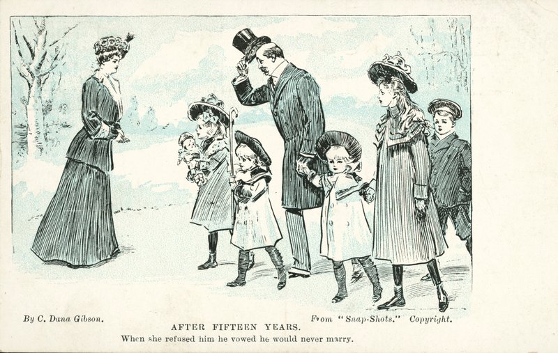 Nő találkozik azzal a férfival, akit visszautasított a házasságban, aki megesküdött, hogy soha nem megy férjhez (színes litho) alkotó: Charles Dana Gibson