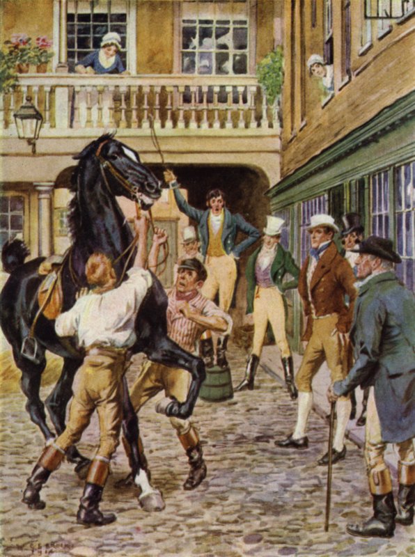 Illusztráció: Az amatőr úriember, Jeffery Farnol (színes litho) alkotó: Charles Edmund (after) Brock