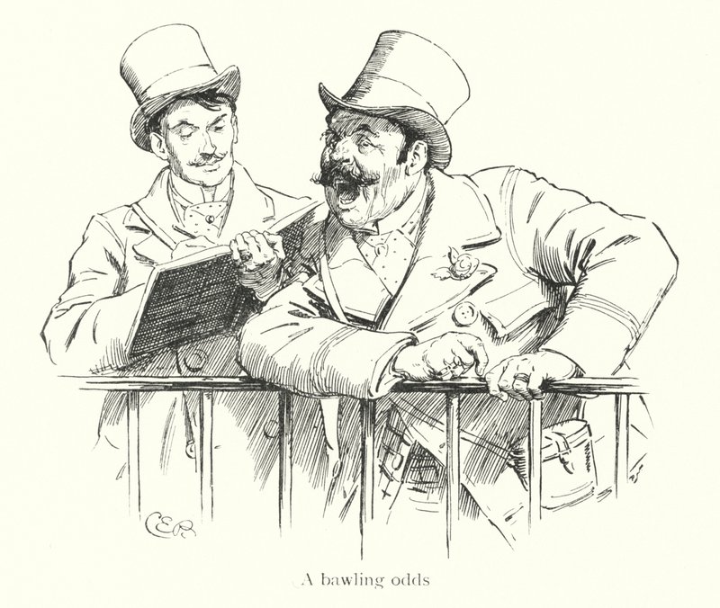 Bukméker, aki esélyeket latolgat egy versenypályán (metszet) alkotó: Charles Edmund Brock