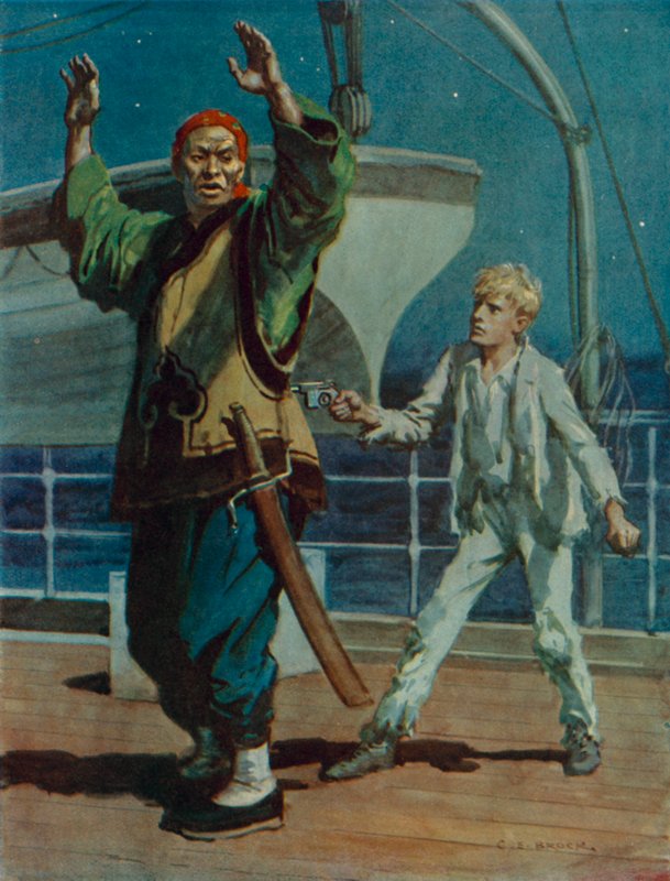 Fiú, aki fegyvert fog egy kínai kalózra, jelenet a Hai Ping, a kalózból (színes litográfia) alkotó: Charles Edmund Brock