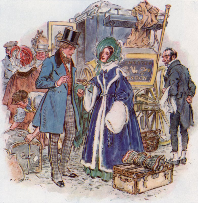 Nagy várakozások, Estella megérkezik Cheapside-ba Rochesterből autóbusszal alkotó: Charles Edmund Brock
