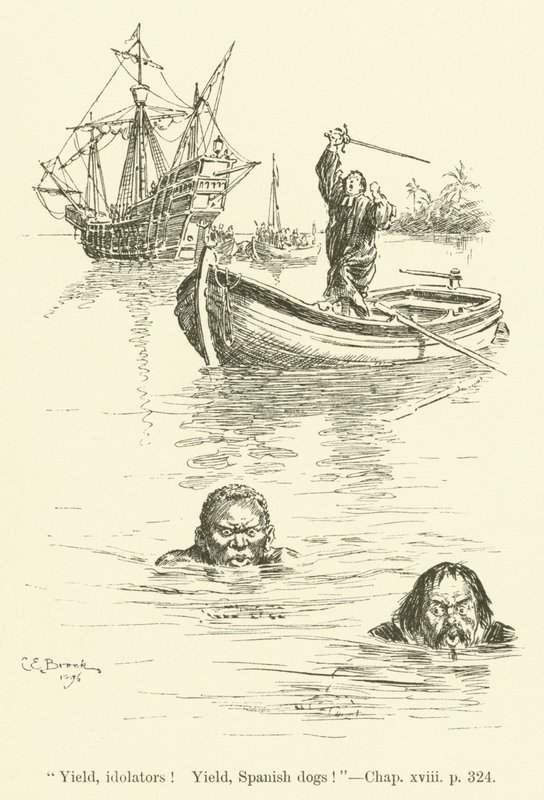Illusztráció a Westward Ho! szerző: Charles Kingsley (metszet) alkotó: Charles Edmund Brock