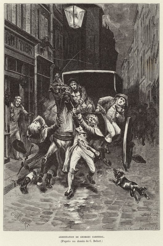 Georges Cadoudal letartóztatása. Georges Cadoudal, a breton királypárti felkelő letartóztatása, Párizs alkotó: Charles Edouard Delort