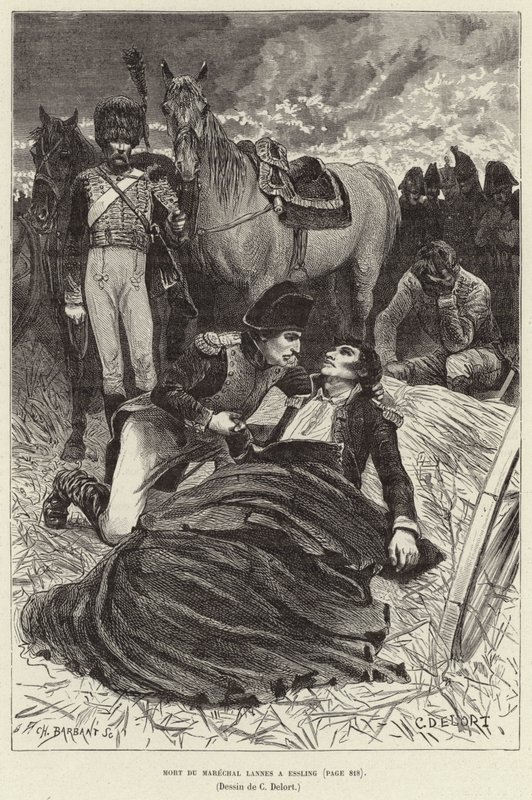 Mort du Marechal Lannes és Essling; Napóleon és a haldokló Lannes marsall az aspern-esslingi csatában, Ausztriában alkotó: Charles Edouard Delort