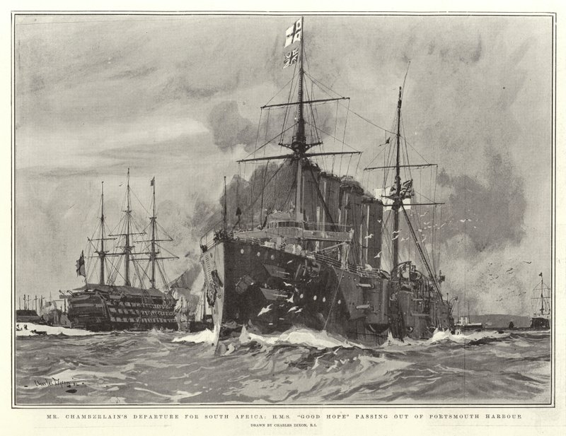 Chamberlain úr Dél-Afrikába indul, H M S Good Hope távozik Portsmouth kikötőjéből alkotó: Charles Edward Dixon