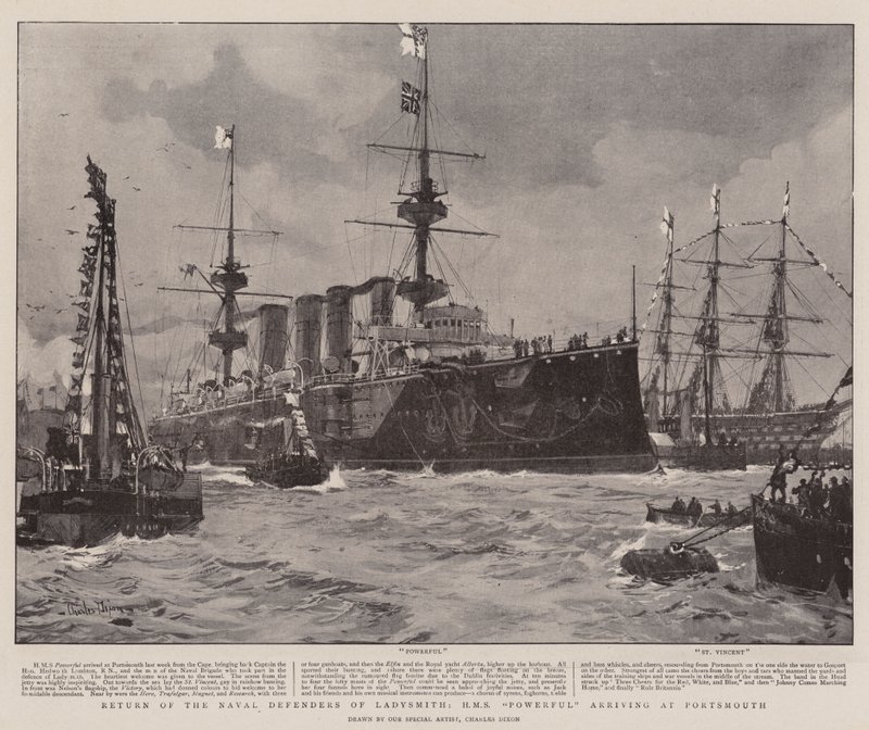 Ladysmith haditengerészeti védőinek visszatérése, a HMS Powerful megérkezik Portsmouthba alkotó: Charles Edward Dixon