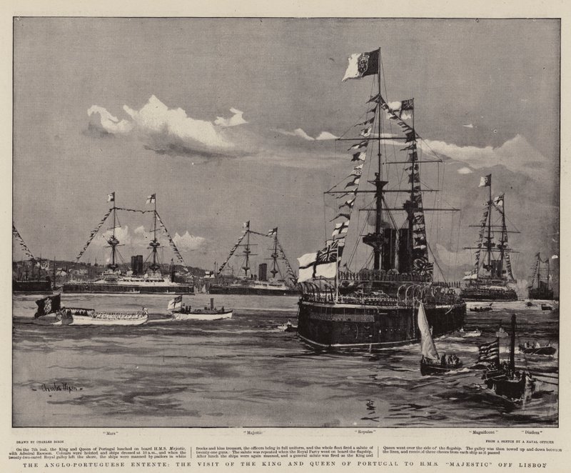 Az angol-portugál antant, Portugália királyának és királynőjének látogatása a H M S Majesticben Lisszabon mellett alkotó: Charles Edward Dixon