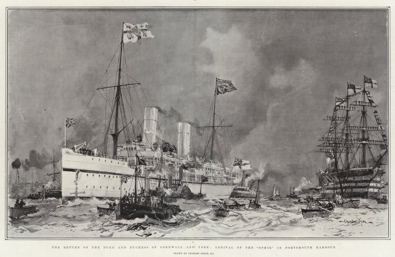 Cornwall és York hercegének és hercegnőjének visszatérése, az Ophir érkezése Portsmouth kikötőjébe alkotó: Charles Edward Dixon