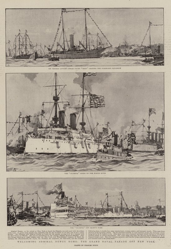 Dewey admirális hazaérkezése, a nagy haditengerészeti parádé New York előtt... alkotó: Charles Edward Dixon