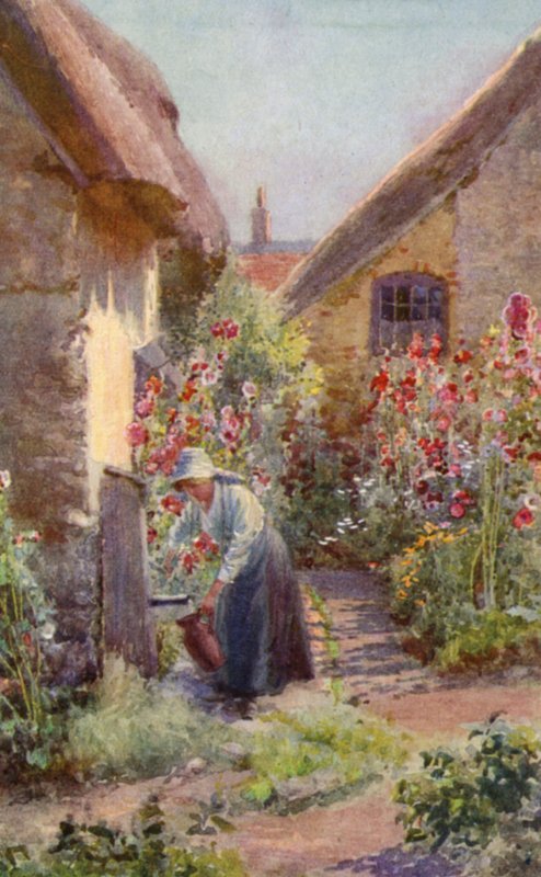 Hollyhocks in a Cottage Garden (színes litó) alkotó: Charles Edwin Flower