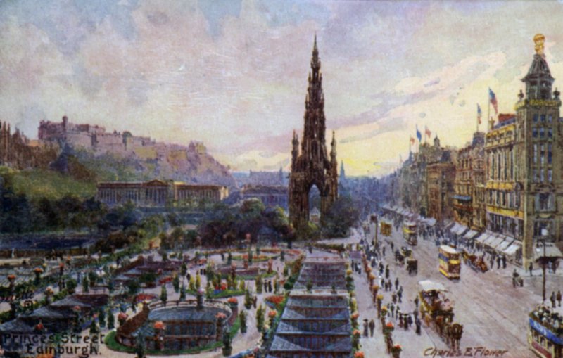 Princes Street, Edinburgh, Skócia (színes litho) alkotó: Charles Edwin Flower
