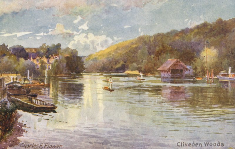 Temze folyó: Cliveden Woods (színes litográfia) alkotó: Charles Edwin Flower