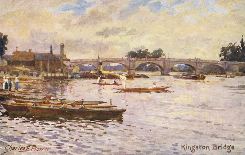 Temze folyó: Kingston Bridge (színes litográfia) alkotó: Charles Edwin Flower