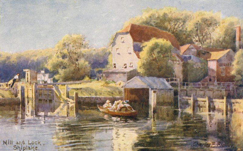 Temze folyó: Malom és zsilip Shiplake (színes litográfia) alkotó: Charles Edwin Flower