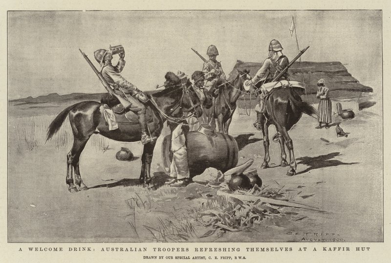 Üdvözlő ital, ausztrál katonák felfrissítik magukat a Kaffir Hutban alkotó: Charles Edwin Fripp