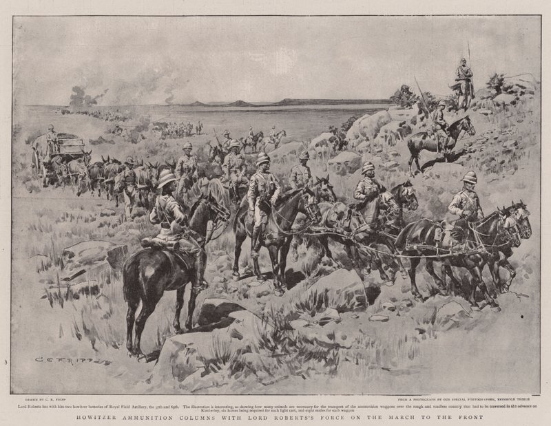 Haubicos lőszeroszlopok Lord Robert hadával a front menetén alkotó: Charles Edwin Fripp