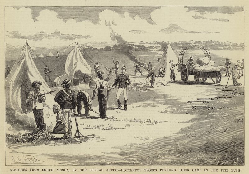Vázlatok Dél-Afrikából, hottentot csapatok táboroznak a Peri Bushban alkotó: Charles Edwin Fripp