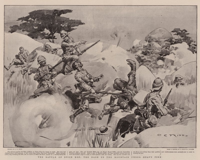 Spion Kop csata, a Dash up the Mountain Heavy Fire alatt alkotó: Charles Edwin Fripp