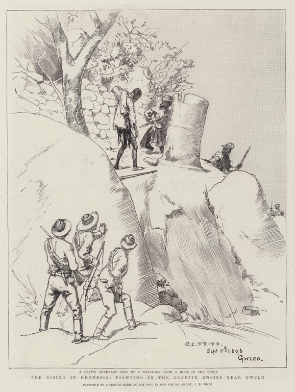 The Rising in Rhodesia, Harcing in the Granite Kopjes near Gwelo alkotó: Charles Edwin Fripp